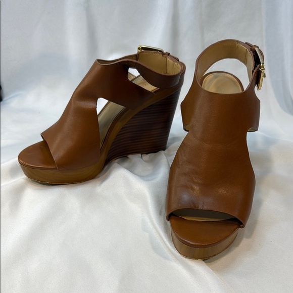 MICHAEL KORS, Josephine, Brown Leather Wedge Sandals, women, Sling Back, 9.5M - Picture 1 of 13